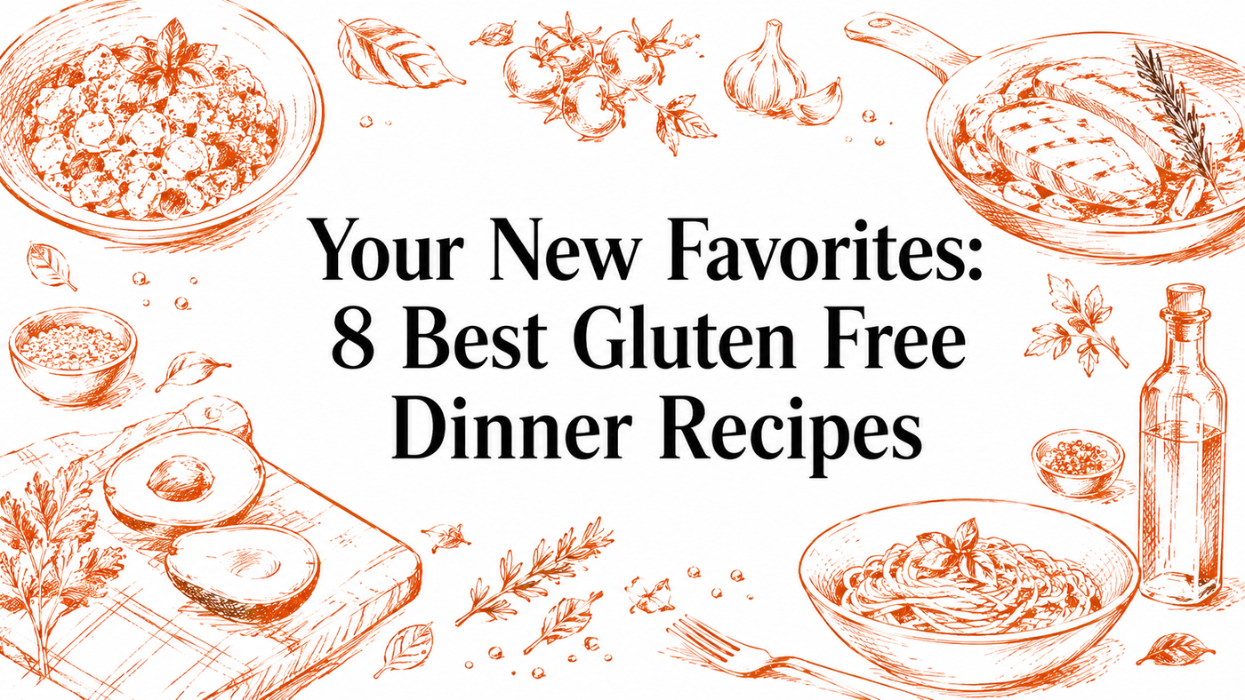 An illustrated layout featuring various gluten-free dinner ingredients and dishes, including pasta, vegetables, and herbs, surrounding the text "Your New Favorites: 8 Best Gluten Free Dinner Recipes.