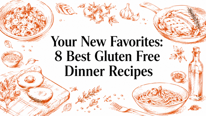 An illustrated layout featuring various gluten-free dinner ingredients and dishes, including pasta, vegetables, and herbs, surrounding the text "Your New Favorites: 8 Best Gluten Free Dinner Recipes.