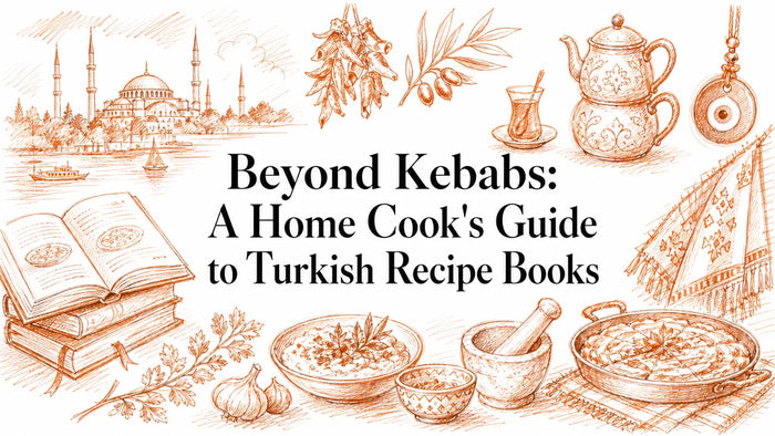 A collage of Turkish dishes and ingredients, including kebabs, dolmas, tea, and spices, surrounding a title about Turkish recipe books