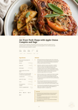 A recipe card page titled 'Air Fryer Pork Chops with Apple-Onion Compote and Sage' beneath a photo of prepared pork chops with apple slices and sage garnish. The page includes ingredients, method, and a small chef's tips section on a cream background.