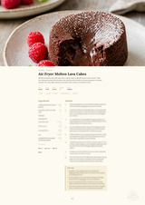 A recipe page titled 'Air Fryer Molten Lava Cakes' below a large food photo of a chocolate lava cake with raspberries on a plate. The page includes a brief description, ingredients list, and method section on a cream background.