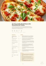 A recipe page for Air Fryer Garlic Bread Pizzas with Mozzarella and Tomato, featuring a close-up photo of the prepared pizza at the top and ingredient and method sections below on a cream background.