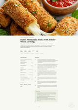 A recipe card for 'Baked Mozzarella Sticks with Whole-Wheat Coating' from The Food and Wine Blog, featuring a top photo of golden-brown breaded mozzarella sticks with melted cheese and a bowl of red sauce, above a clean white page with ingredients and instructions.