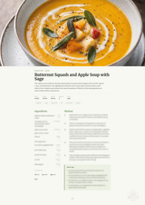 A recipe card page for 'Butternut Squash and Apple Soup with Sage' beneath a large food photograph of the prepared soup in a bowl. The page includes a title, brief description, ingredients list, and method section on a white background.