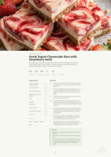 A recipe card page titled 'Greek Yogurt Cheesecake Bars with Strawberry Swirl' beneath a large appetizing photo of sliced strawberry-swirled cheesecake bars with a crumb crust, on a white page with ingredients and instructions below.