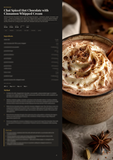 Recipe card for Chai Spiced Hot Chocolate with Cinnamon Whipped Cream, featuring a dark charcoal text panel on the left with ingredients, prep time, and method, alongside a warm, professionally styled photo of the prepared drink topped with whipped cream and cocoa powder on the right.
