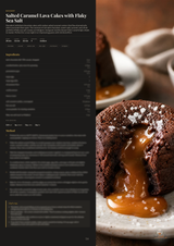 A recipe spreadsheet page for 'Salted Caramel Lava Cakes with Flaky Sea Salt' next to a close-up photo of a chocolate lava cake with caramel sauce and coarse sea salt on a plate, set against a rustic wooden background.