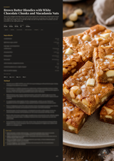 A recipe spreadsheet page for 'Brown Butter Blondies with White Chocolate Chunks and Macadamia Nuts' next to a close-up photograph of freshly baked blondie bars on a plate.