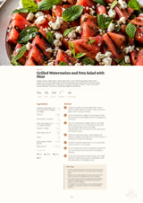 A recipe page for Grilled Watermelon and Feta Salad with Mint, featuring a large appetizing photo of the salad at the top and ingredient and method sections below on a white page.