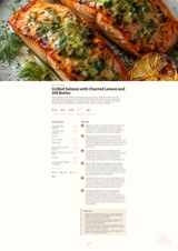 A recipe page for Grilled Salmon with Charred Lemon and Dill Butter, featuring a large photo of prepared salmon at the top and ingredient and method sections below on a white page.