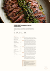A recipe page titled 'Grilled Skirt Steak with Charred Chimichurri' with a large photo of the prepared steak at the top and ingredient/method sections below on a white page.