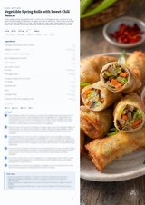 A recipe page for Vegetable Spring Rolls with Sweet Chili Sauce, shown next to a food photograph of golden spring rolls filled with vegetables on a plate.
