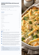 A recipe page for Chicken Alfredo Bake with Penne and Broccoli, featuring a large photo of the baked pasta dish on the right and ingredients and instructions on the left.