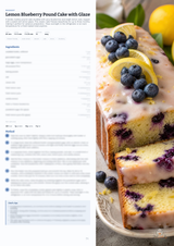 A printed recipe page for Lemon Blueberry Pound Cake with Glaze, shown beside a large food photography panel of the cake topped with blueberries and lemon slices on a plate.
