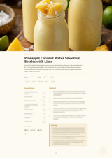 A printed recipe card titled 'Pineapple Coconut Water Smoothie Bottles with Lime' below a large photo of two glass bottles filled with pale yellow smoothie topped with pineapple slices, set on a rustic wooden surface with limes and a small bowl of salt.