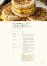 A recipe page titled 'Freezer Breakfast Sandwiches on Sourdough with Egg and Cheese' beneath a large food photo of stacked English muffin sandwiches with melted cheese.