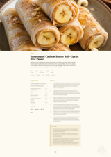 A recipe page titled 'Banana and Cashew Butter Roll-Ups in Rice Paper' with a large food photo at the top showing several rolled banana-and-butter wraps, plus ingredient and method text below on a cream background.