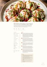 A recipe page for Dahi Vada (lentil dumplings in spiced yogurt), featuring a large appetizing photo of prepared dumplings topped with herbs, red chili powder, and pomegranate seeds, above a printed ingredients and method section on a white page.