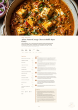 A recipe card page for Achari Paneer (Cottage Cheese in Pickle Spice Gray), featuring a top photograph of the prepared dish in a rustic pot and below it, recipe text, ingredients, and cooking steps on a white background.