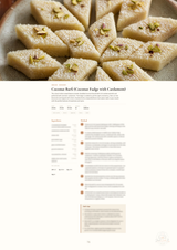 A recipe page for Coconut Barli (Coconut Fudge with Cardamom) featuring a top photo of triangular coconut bars topped with sugar and pistachio, above the recipe text and ingredients on a white page.