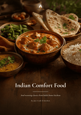 A styled food scene showing an Indian comfort meal with a bowl of chicken curry, rice, bread, and vegetables on a wooden table, with the text 'Indian Comfort Food' and smaller subtitle text below.