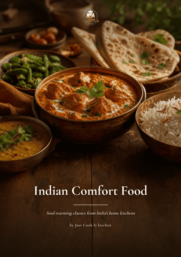 A styled food scene showing an Indian comfort meal with a bowl of chicken curry, rice, bread, and vegetables on a wooden table, with the text 'Indian Comfort Food' and smaller subtitle text below.