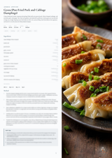 A recipe page for 'Gyosan (Pan-Fried Pork and Cabbage Dumplings)' shown next to a close-up photograph of pan-fried dumplings on a dark plate, garnished with chopped green onions.