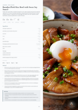 A magazine-style food page featuring a close-up of a pork rice bowl topped with sweet soy sauce, green onions, and a soft-boiled egg with the yolk broken, alongside a printed recipe layout on the left.
