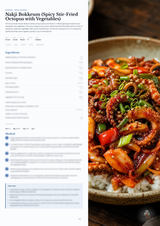 A recipe page for 'Nakji Bokkeum (Spicy Stir-Fried Octopus with Vegetables)' displayed next to a close-up photograph of the prepared dish served over rice in a bowl.