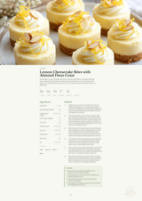 A recipe page for Lemon Cheesecake Bites with Almond Flour Crust, featuring a top photo of several mini cheesecakes topped with whipped cream, almond flakes, and lemon zest, above the recipe text and ingredients on a light cream background.