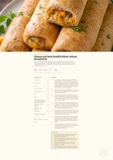 A recipe page titled 'Cheese and Herb Stuffed Whole-Wheat Breadsticks' with a large photo of stuffed breadsticks at the top and recipe text below on a cream background.