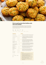 A recipe page for Carrot and Zucchini Mini Muffins with Oats and Cheddar, featuring a top photo of the baked muffins and the ingredients and instructions below on a cream background.