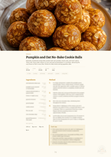 A recipe page titled 'Pumpkin and Oat No-Bake Cookie Balls' beneath a close-up photo of several golden-brown cookie balls topped with chopped nuts, shown on a cream background with ingredients and instructions.