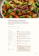 A recipe card page for 'Fattoush with Sumac and Crispy Pita' beneath a large overhead food photograph of a prepared salad with pita, greens, cucumber, red onion, and tahini dressing.