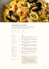 A printed recipe card for 'Seafood Risotto with Saffron' from 'Italian Seafood Recipes', featuring a large appetizing photograph of the prepared dish at the top and blurred recipe text below on a white page.