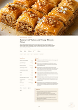 A recipe page for Baklava with Walnuts and Orange Blossom Honey, featuring a large appetizing photo of sliced golden-brown baklava at the top and recipe text and ingredient lists below on a white background.