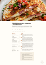 A recipe page for Sincronizadas (Ham and Cheese Pressed Tortilla Sandwiches) from The Art of Eating, featuring a close-up food photo at the top and recipe text below on a white background.