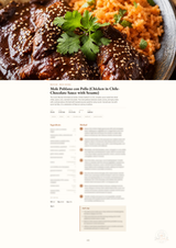 A recipe page for Mole Pobano con Pollo (Chicken in Chile-Chocolate Sauce with Sesame) displayed below a large appetizing food photograph of glazed chicken with orange rice and cilantro.