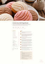 A recipe page for Conchas (Sweet Shell Topped Bread) displayed below a high-quality product photograph of several baked conchas on a white plate, set against a rustic wooden background.