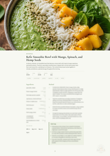 A recipe card titled 'Kefir Smoothie Bowl with Mango, Spinach, and Hemp Seeds' below a large photo of the prepared bowl, with blurred ingredient and instruction text underneath on a light background.