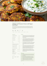 A recipe page titled 'Chickpea and Turmeric Fritters with Yogurt: Herb Sauce' beneath a large food photograph showing golden-brown fritters and a bowl of white yogurt sauce with herbs.