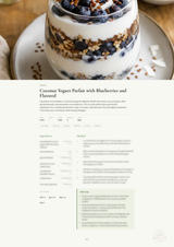 A printed recipe card or cookbook page featuring a photo of a layered coconut yogurt parfait with blueberries and flaxseed on a plate, above text sections titled 'Coconut Yogurt Parfait with Blueberries and Flaxseed' and ingredient/recipe details.