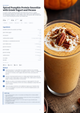 A recipe-style page for a Spiced Pumpkin Protein Smoothie with Greek Yogurt and Pecans, showing the recipe text on the left and a photo of the prepared drink topped with pecans and whipped cream on the right.