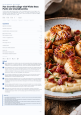 A printed recipe or cookbook page with the title 'Pan-Seared Scallops with White Bean Purée and Crispy Pancetta' on the left and a plated food photograph on the right showing seared scallops over creamy purée with crispy pancetta and herbs.