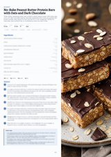 A recipe page layout for 'No-Bake Peanut Butter Protein Bars with Oats and Dark Chocolate' beside a close-up photo of stacked chocolate protein bars topped with oats on a plate.