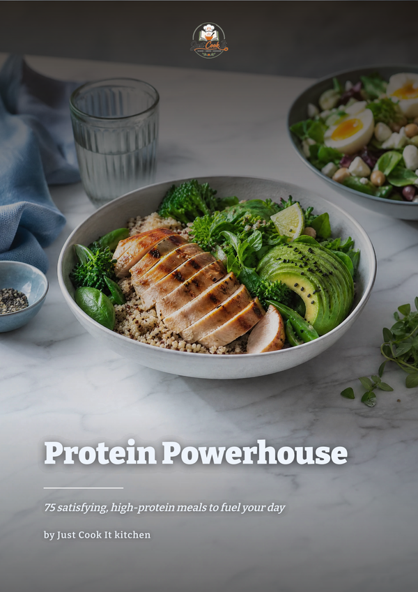 A styled food scene showing a bowl of grilled chicken over quinoa with broccoli, greens, and avocado on a marble surface, with text reading 'Protein Powerhouse' and 'by Just Cook it kitchen.' This is not a clean isolated product shot and not a measurement chart, swatch, or instruction diagram.