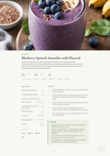 A recipe card for Blueberry Spinach Smoothie with Flaxseed, featuring a large photo of the purple smoothie topped with blueberries and a banana slice, above text sections for ingredients, method, and chef's tips.