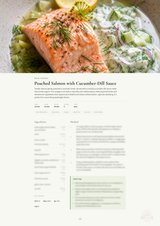 A recipe card page for 'Poached Salmon with Cucumber-Dill Sauce' from Root Cuisine, featuring a high-quality food photograph of the prepared salmon dish at the top and recipe text below on a light cream background.