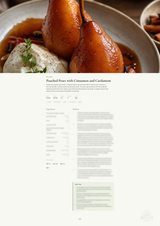 A recipe card page titled 'Poached Pears with Cinnamon and Cardamom' shown below a photo of prepared pears in a sauce, with ingredients and instructions printed on a light background.