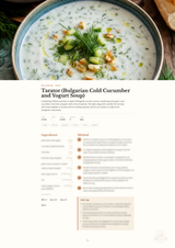 A recipe page for Tarator (Bulgarian Cold Cucumber and Yogurt Soup) displayed below a photograph of the prepared soup in a bowl. The page includes a title, descriptive text, ingredients list, preparation steps, and a chef's note on a clean white background.